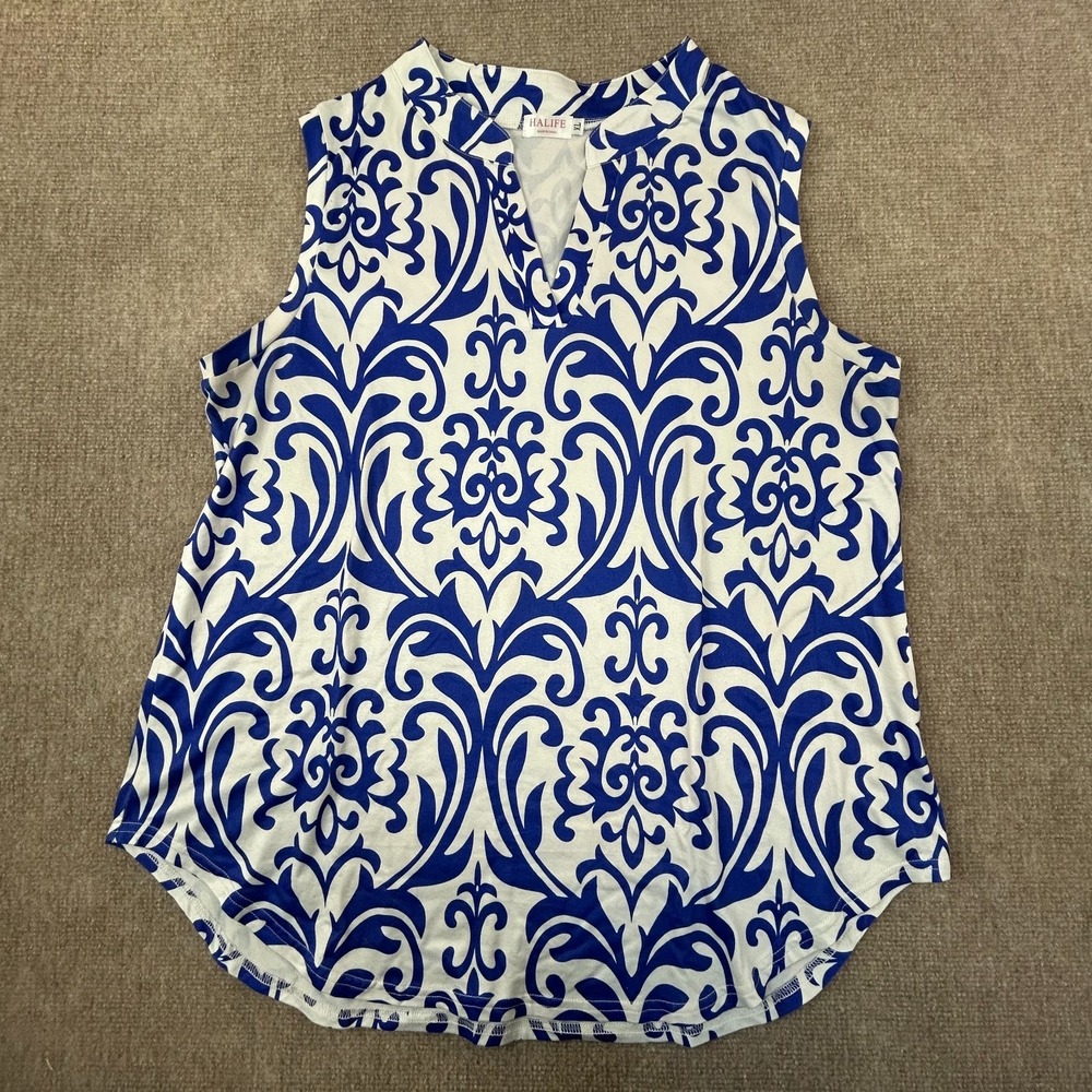 Halife Blouse Top Women XL Multicolor Damask Print Stretch Split Neck Curved Hem